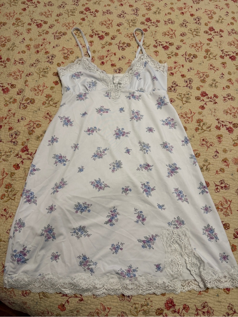Laura Ashley White Floral Lace-Trim Slip with Blue & Pink Bouquet Print